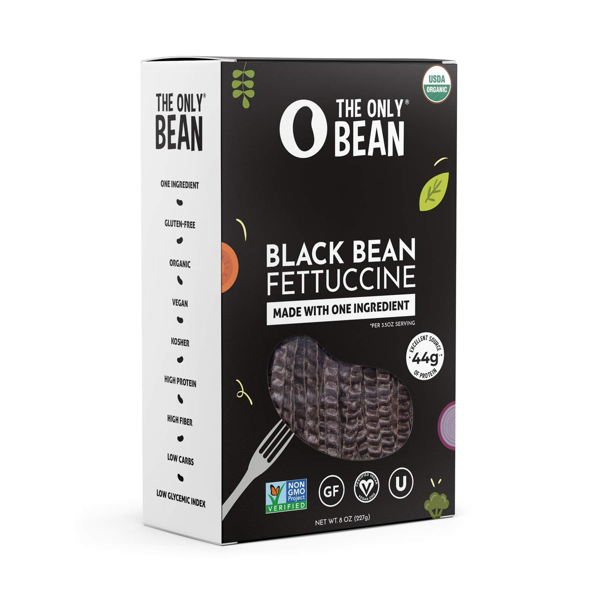 The Only Bean organic black bean fettuccine pack on shelf, gluten-free and vegan-friendly.