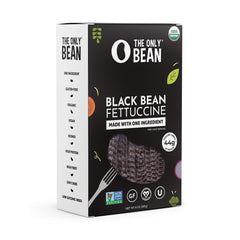 The Only Bean organic black bean fettuccine pack on shelf, gluten-free and vegan-friendly.