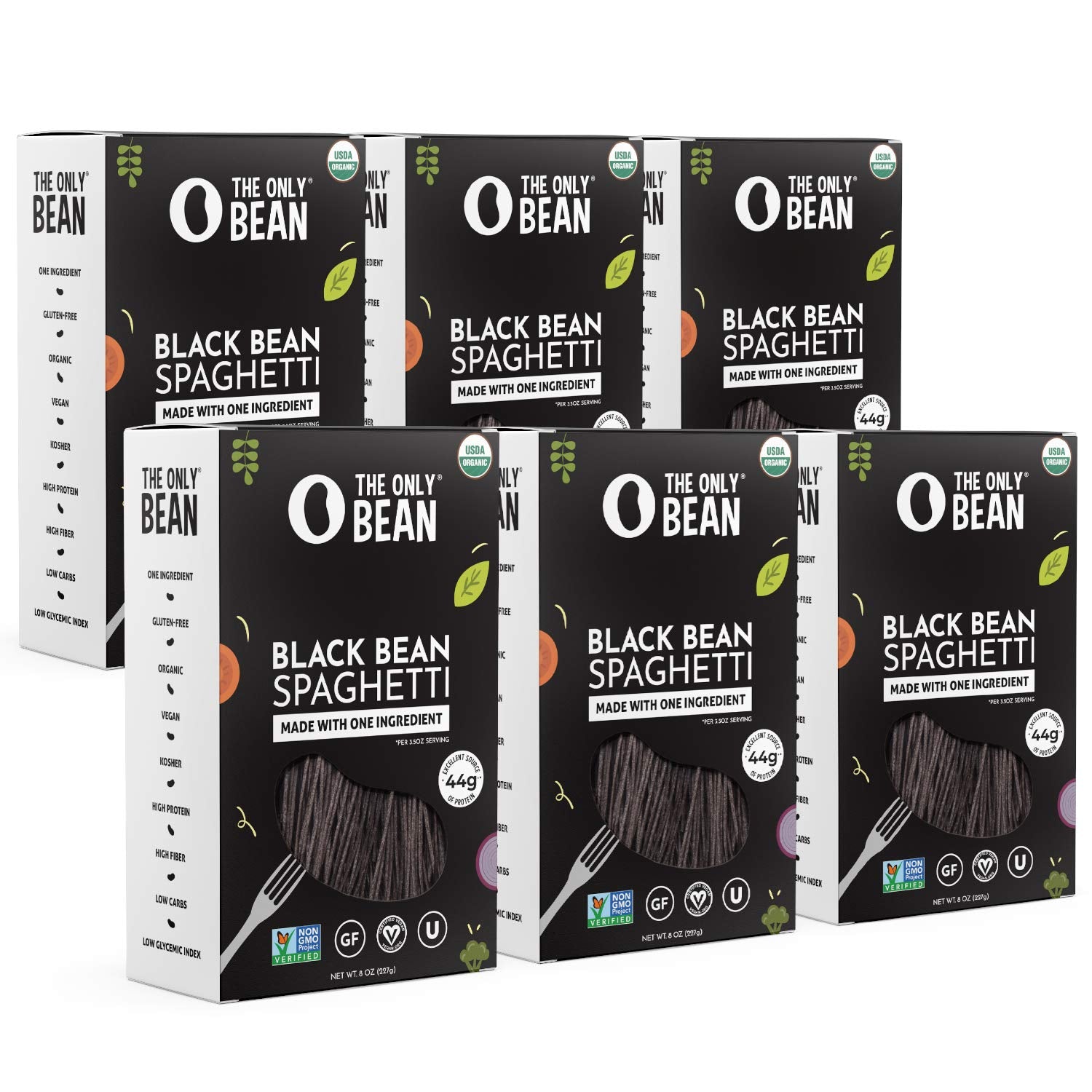 The Only Bean organic black bean spaghetti pack shows a protein-forward plant-based pasta.