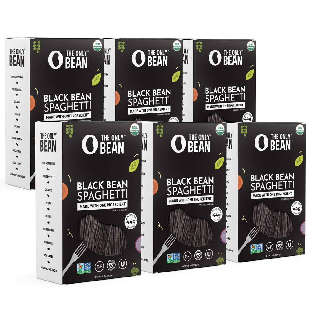 The Only Bean organic black bean spaghetti pack shows a protein-forward plant-based pasta.