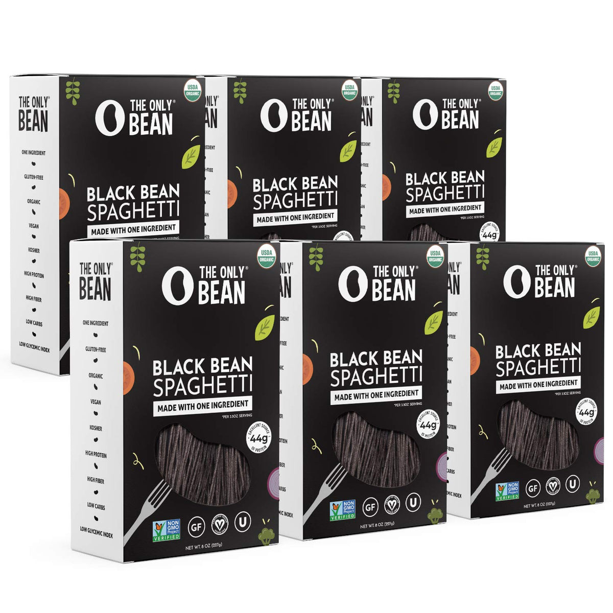 The Only Bean organic black bean spaghetti pack shows a protein-forward plant-based pasta.