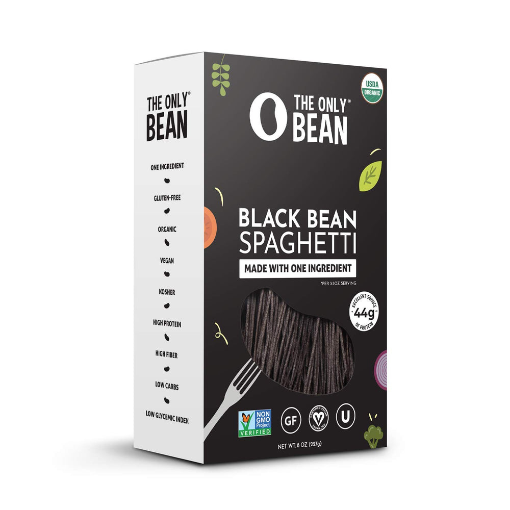 The Only Bean organic black bean spaghetti packaging with organic certification and nutrition highlights.