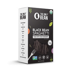 The Only Bean organic black bean spaghetti packaging with organic certification and nutrition highlights.