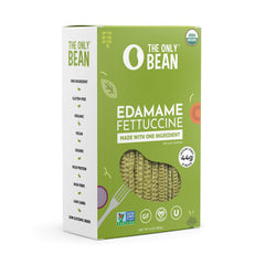 The Only Bean organic edamame fettuccine box highlighting gluten-free and keto-friendly pasta