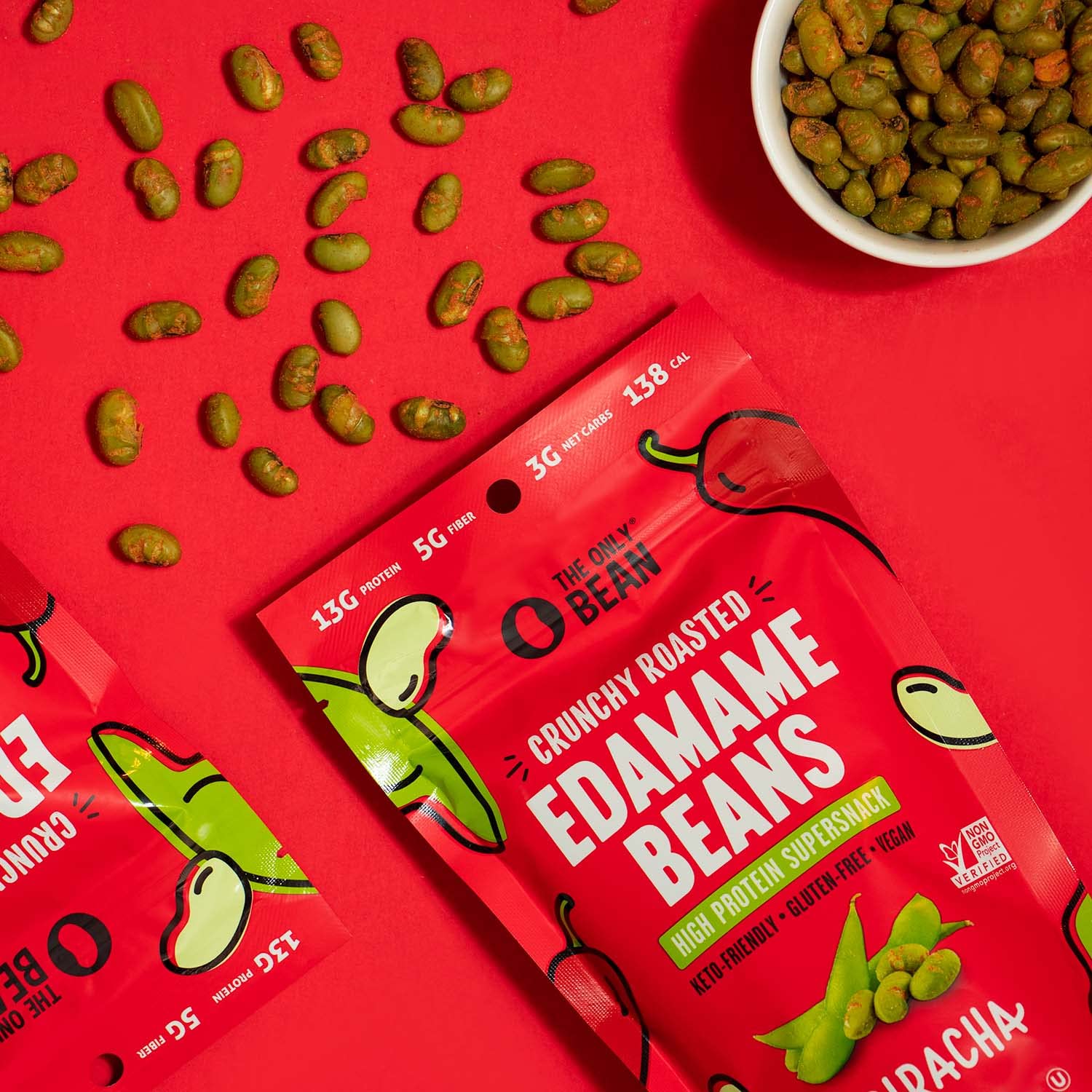 The Only Bean Edamame snack provides 13g plant-based protein per serving.
