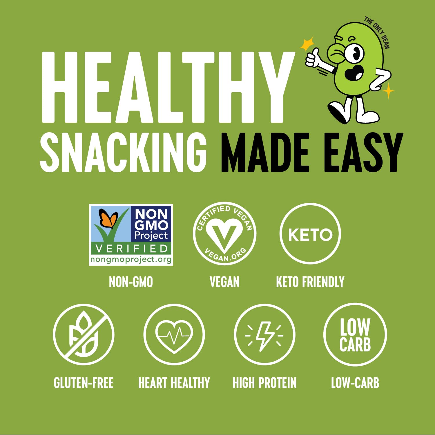 The Only Bean vegan gluten-free edamame snacks—keto-friendly crunch on the go.