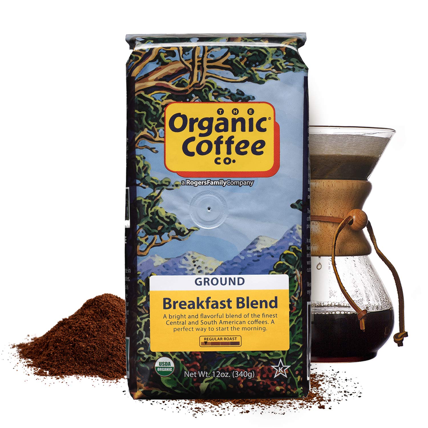 The Organic Coffee Co. Breakfast Blend beans close-up showing rich aroma.