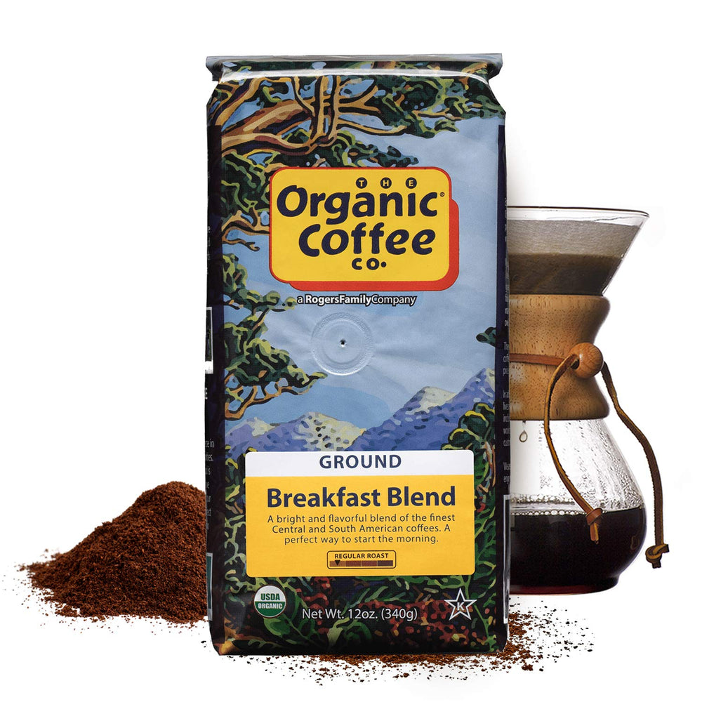 The Organic Coffee Co. Breakfast Blend beans close-up showing rich aroma.