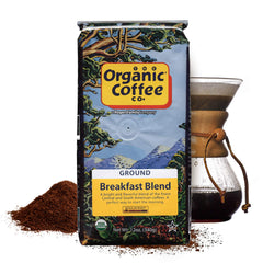 The Organic Coffee Co. Breakfast Blend beans close-up showing rich aroma.