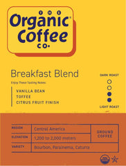 The Organic Coffee Co. Breakfast Blend ground coffee ready for versatile brewing.