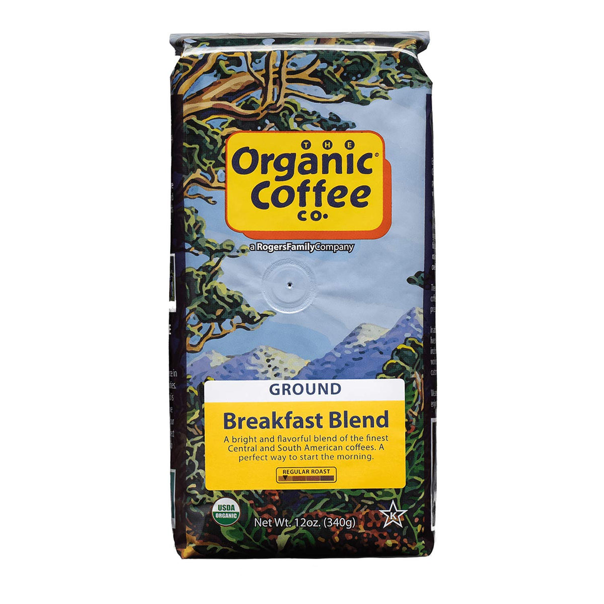 The Organic Coffee Co. Breakfast Blend packaging displayed for pantry storage and gifting.
