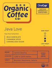 The Organic Coffee Co Java Love beans highlight premium Arabica quality.