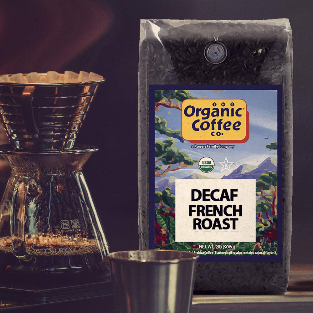 The Organic Coffee Co. decaf French roast brewed cup inviting smooth, caffeine-free mornings.