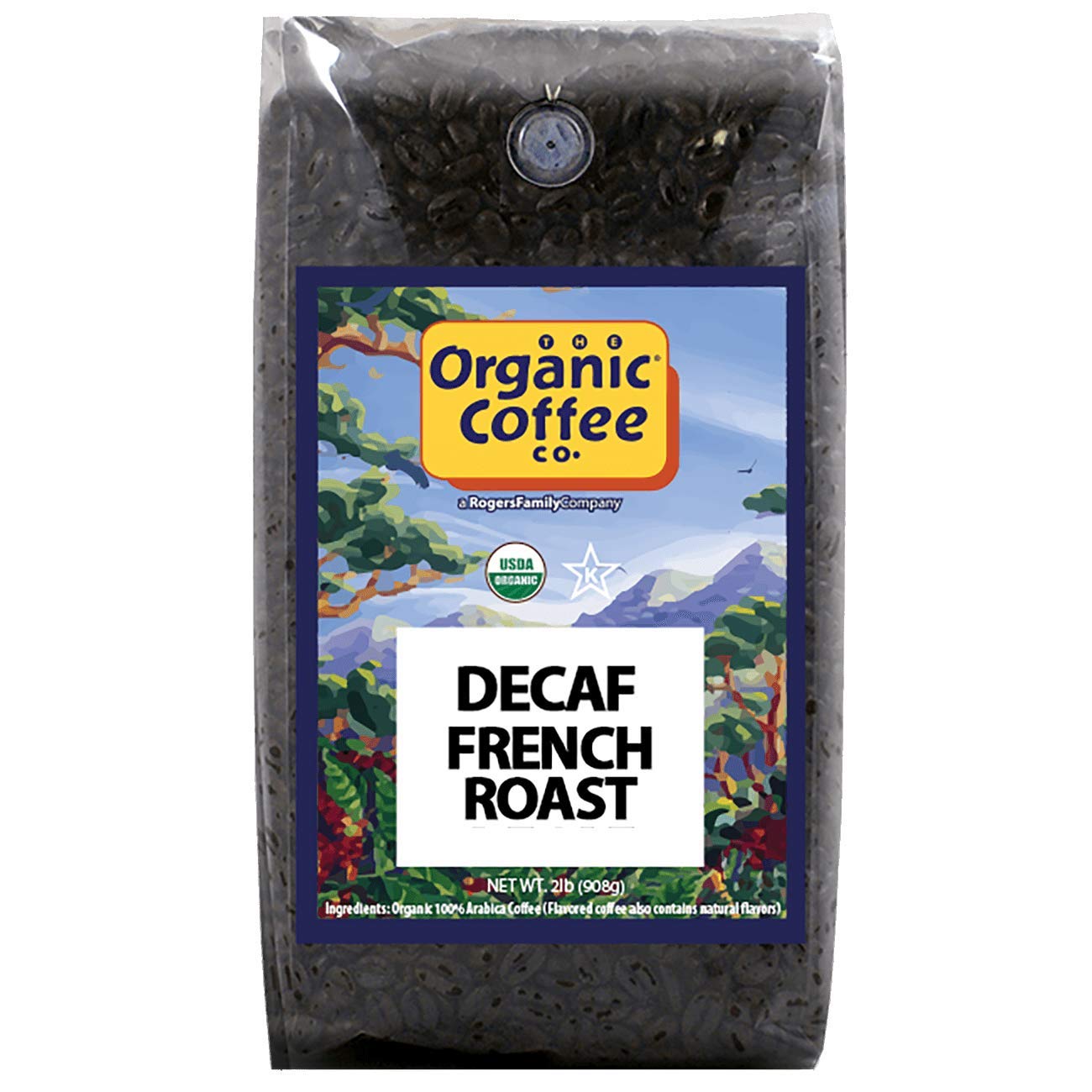 The Organic Coffee Co. decaf French roast packaging highlights USDA Organic quality for easy everyday coffee.