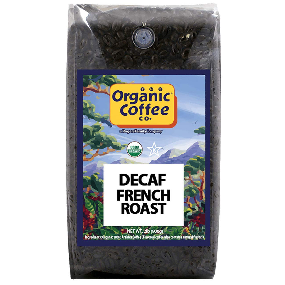 The Organic Coffee Co. decaf French roast packaging highlights USDA Organic quality for easy everyday coffee.