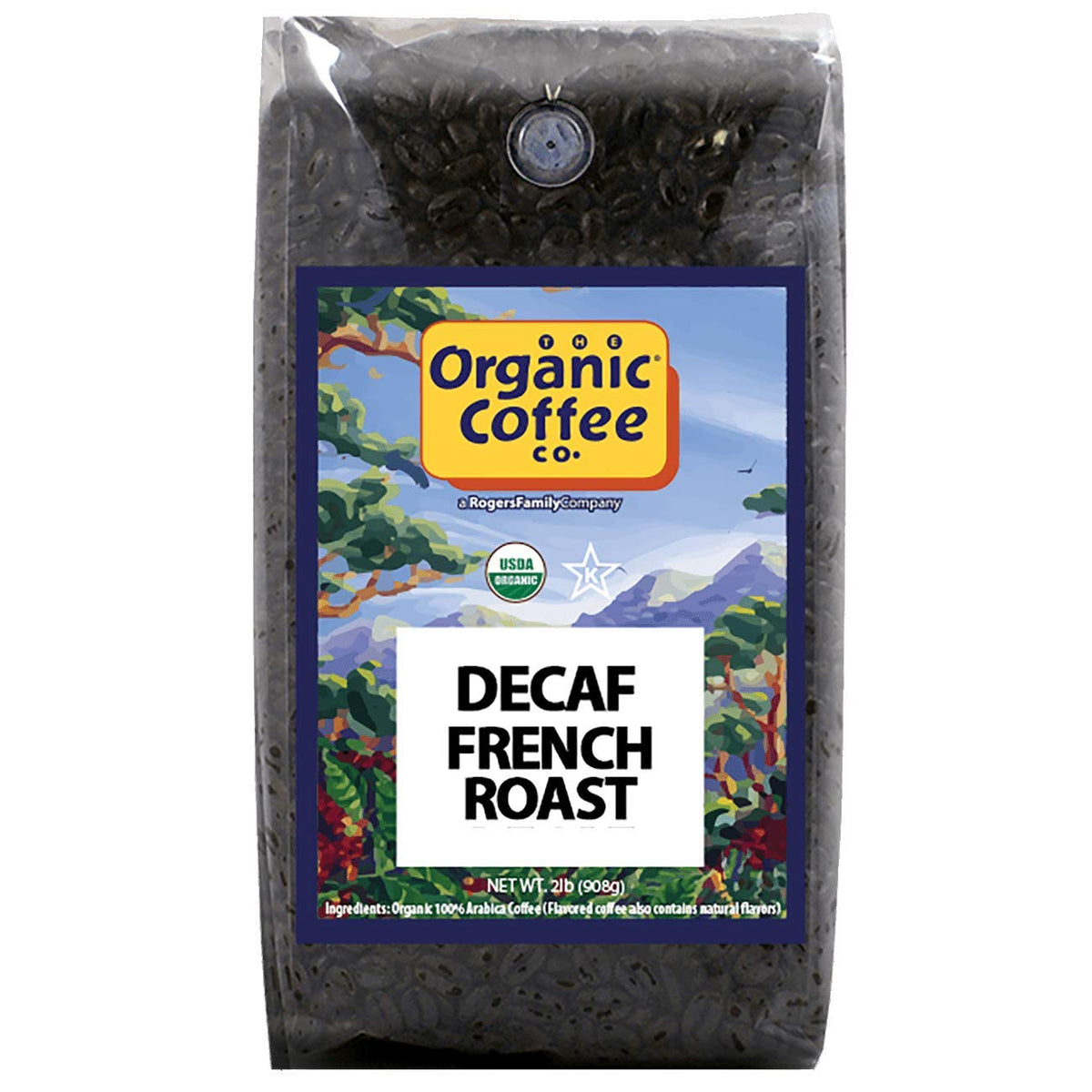 The Organic Coffee Co. decaf French roast packaging highlights USDA Organic quality for easy everyday coffee.
