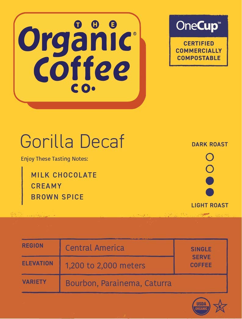 Gorilla Decaf packaging highlighting compostable pods for sustainable coffee.