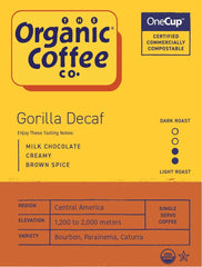 Gorilla Decaf packaging highlighting compostable pods for sustainable coffee.