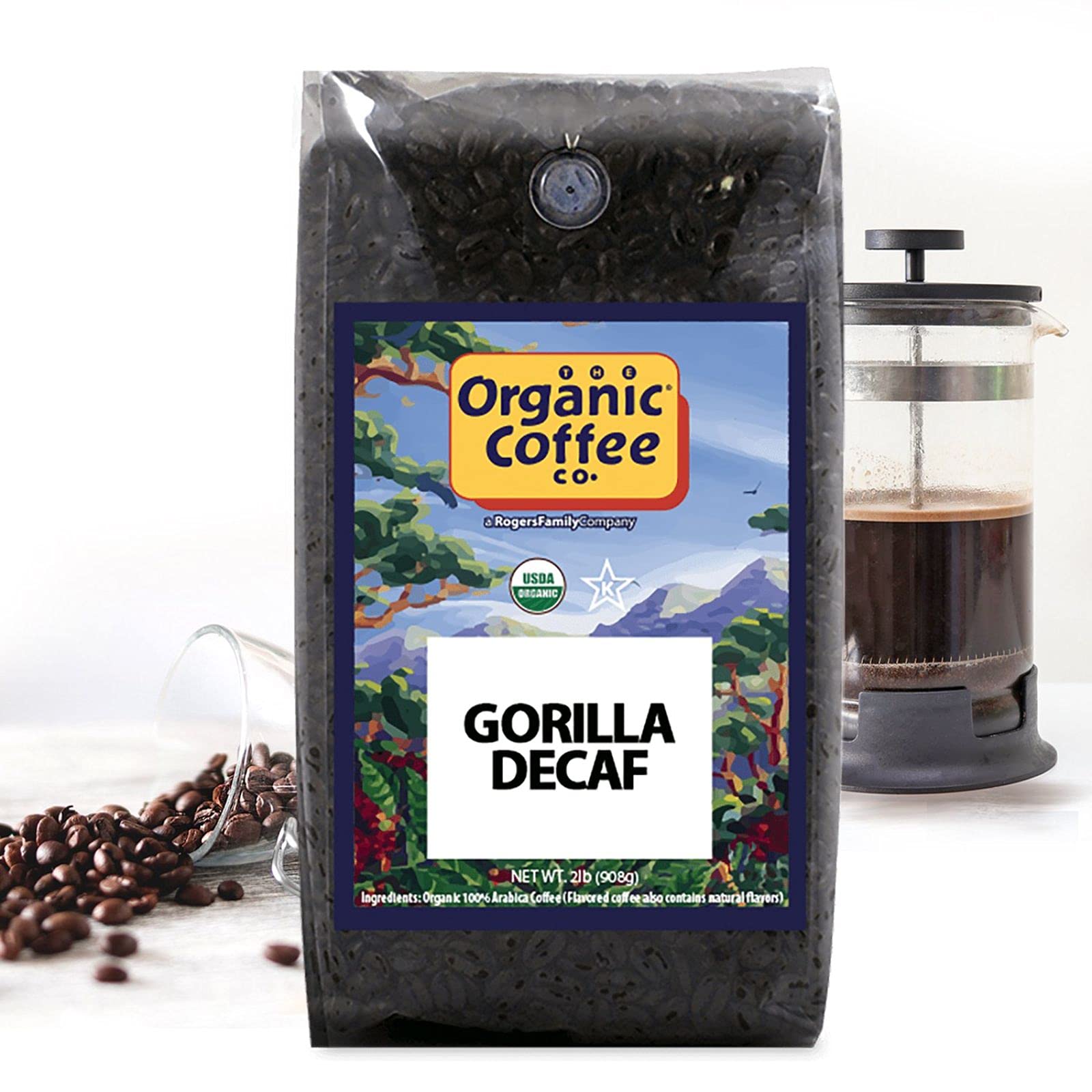 The Organic Coffee Co. Gorilla Decaf roast profile shown for versatile brewing.
