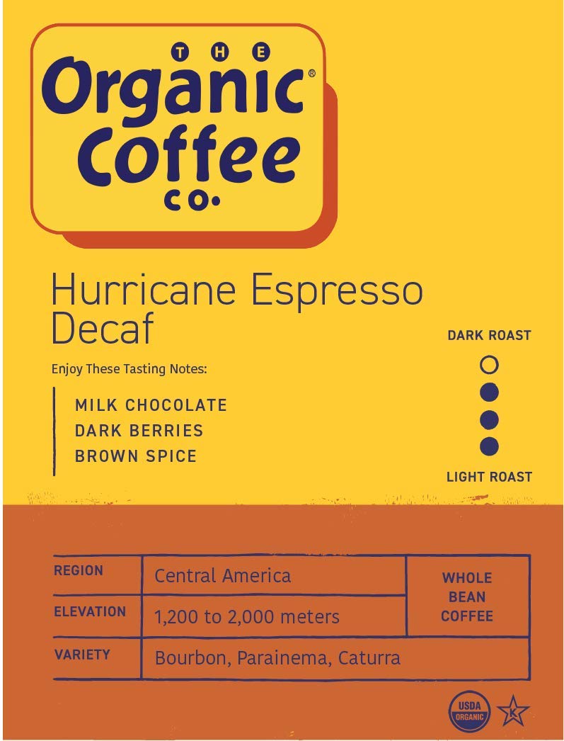 The Organic Coffee Co Hurricane Espresso decaf cup image, showcasing a versatile brew for all machines.