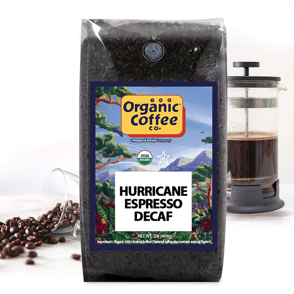 The Organic Coffee Co Hurricane Espresso Decaf packaging highlights eco-friendly design.