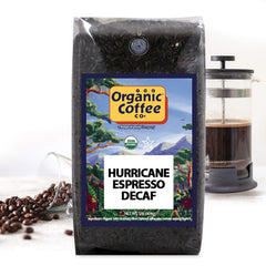 The Organic Coffee Co Hurricane Espresso Decaf packaging highlights eco-friendly design.