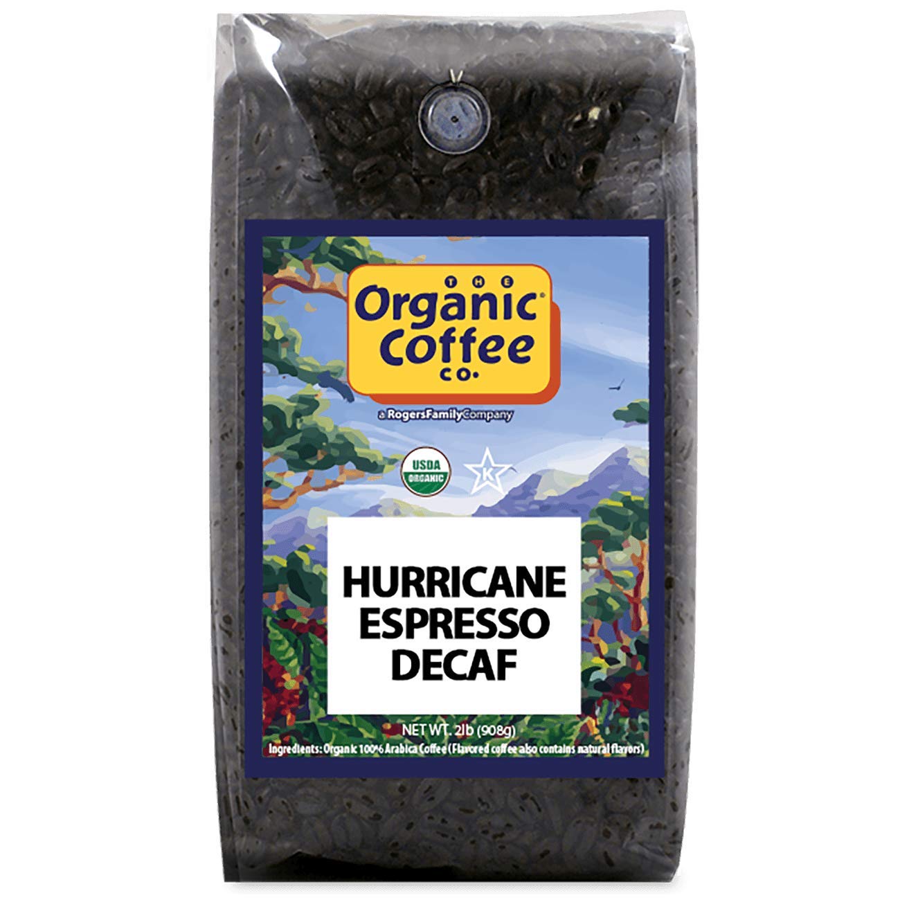 The Organic Coffee Co Hurricane Espresso Decaf whole bean bag for rich home brewing.