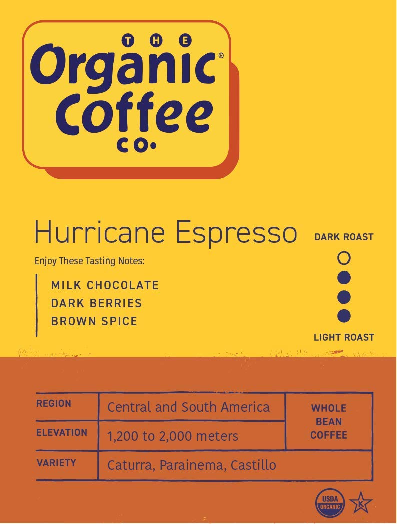 The Organic Coffee Co Hurricane Espresso packaging highlighting USDA Organic certification