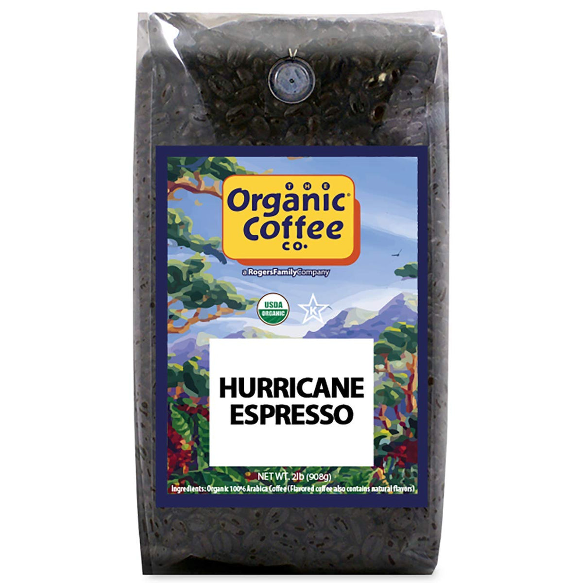 The Organic Coffee Co Hurricane Espresso whole bean 2lb bag ready for grinding and brewing