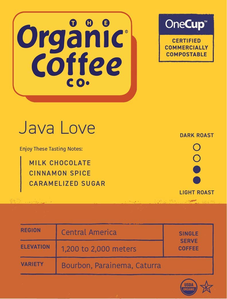 Java Love packaging shows compostable pods for eco-friendly brewing.