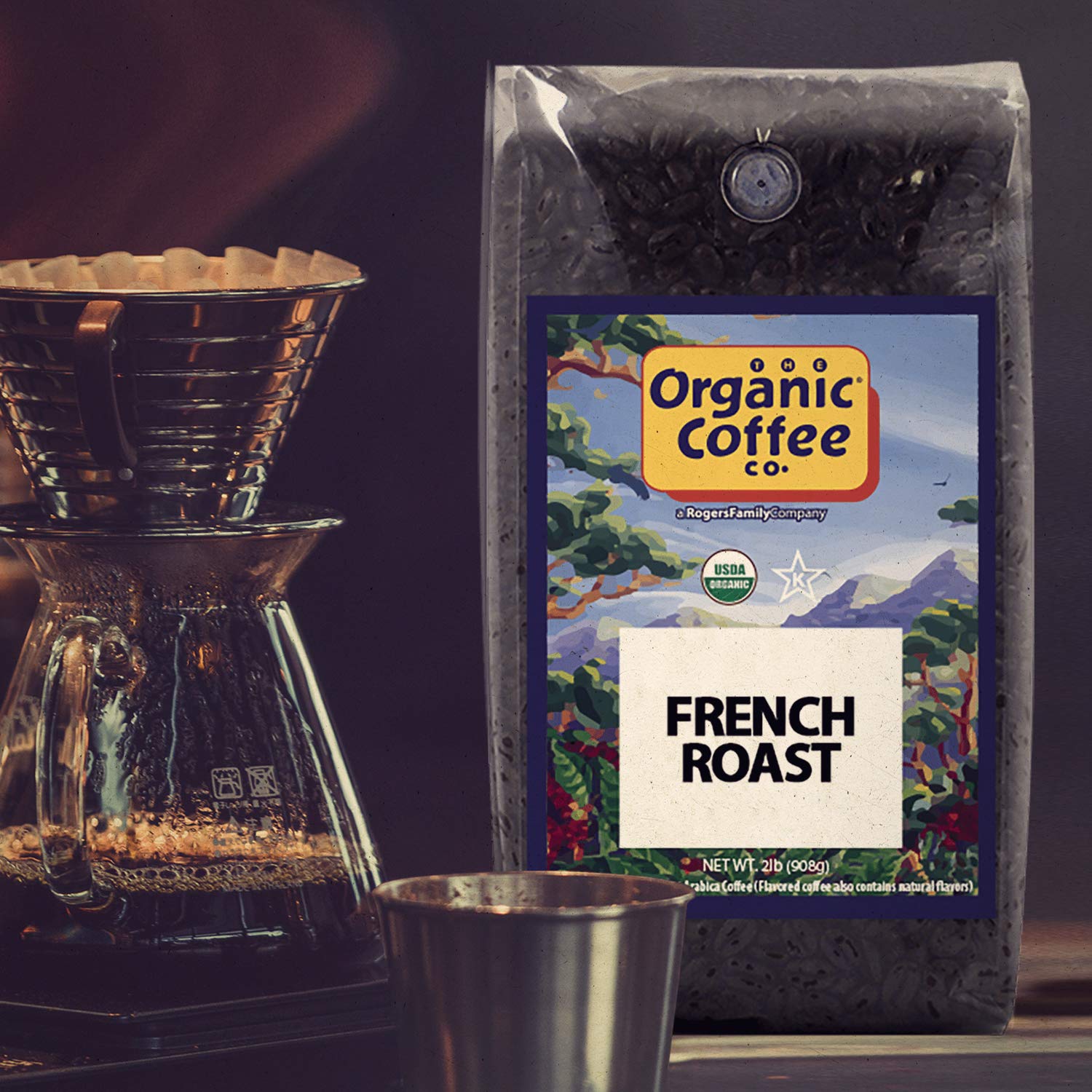 The Organic Coffee Co. roasted beans close-up show dark roast with smoky finish