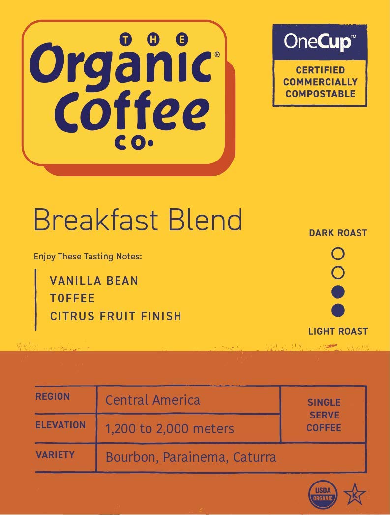 The Organic Coffee Co Breakfast Blend in a single-serve pod yields quick, fresh coffee.