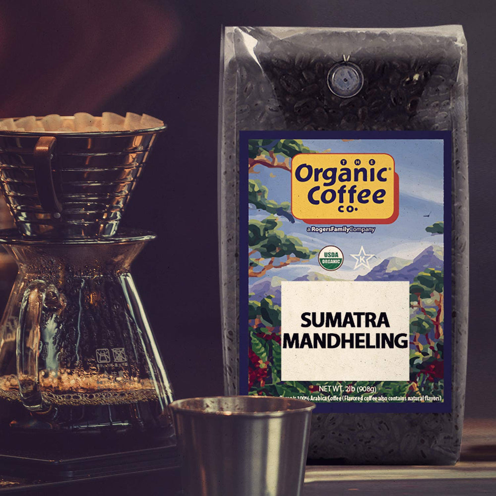 The Organic Coffee Co. Sumatra Mandheling packaging, ready to ship in USA-roasted batch.