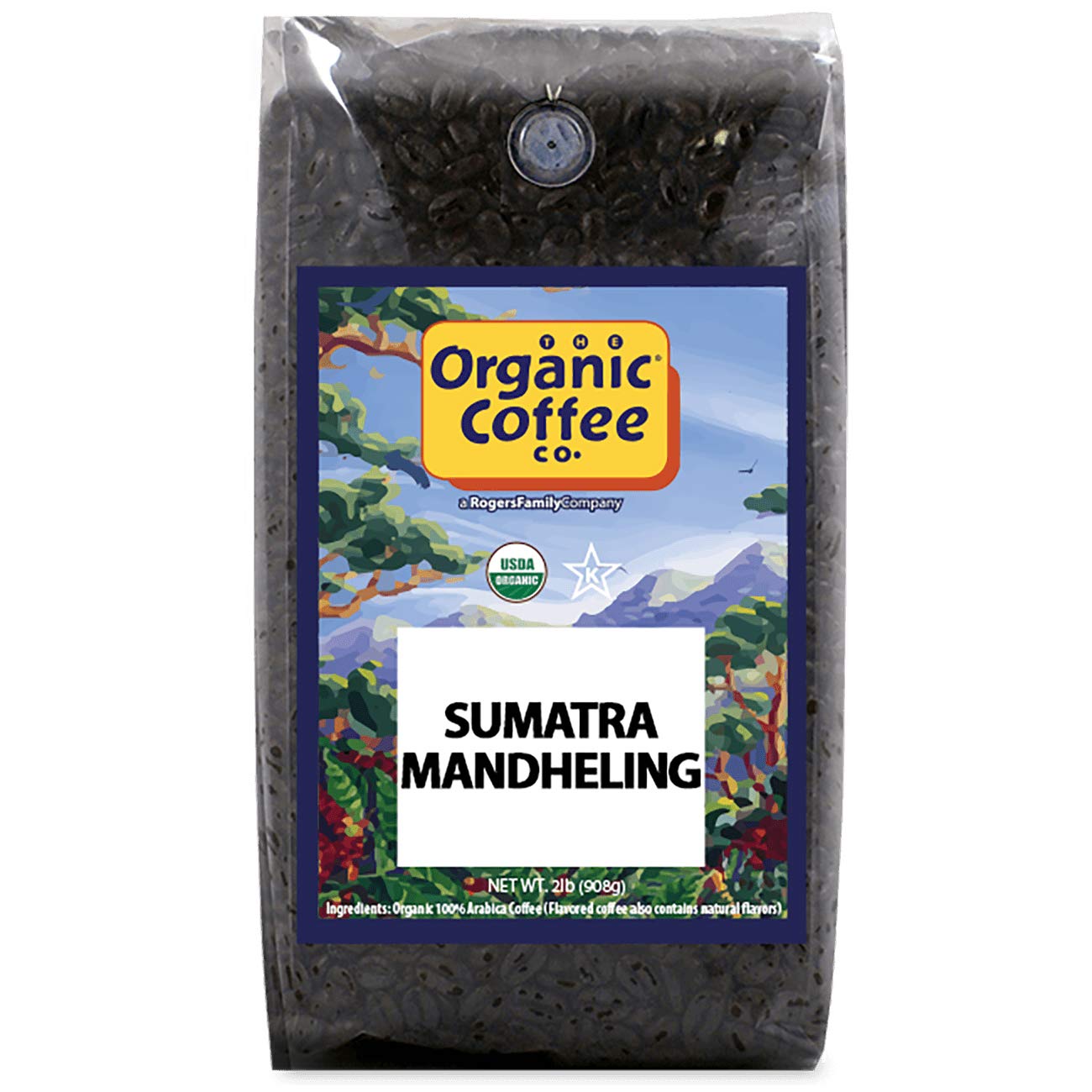 The Organic Coffee Co. Sumatra Mandheling whole bean 2lb bag with rich aroma for home brewing.