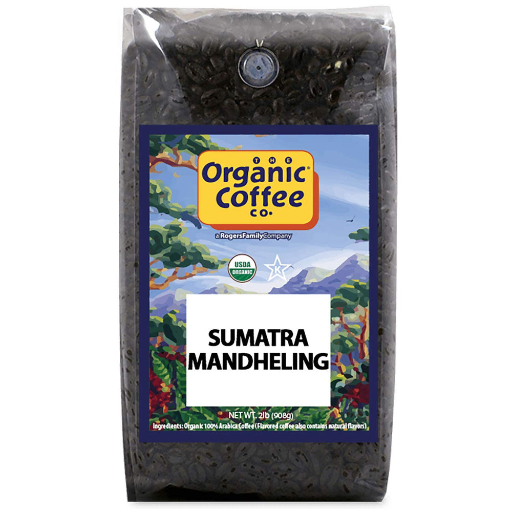 The Organic Coffee Co. Sumatra Mandheling whole bean 2lb bag with rich aroma for home brewing.