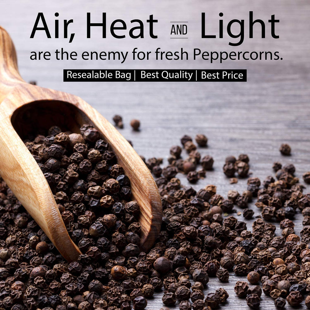 The Organic Pantry steam sterilized peppercorns in pack preserve freshness