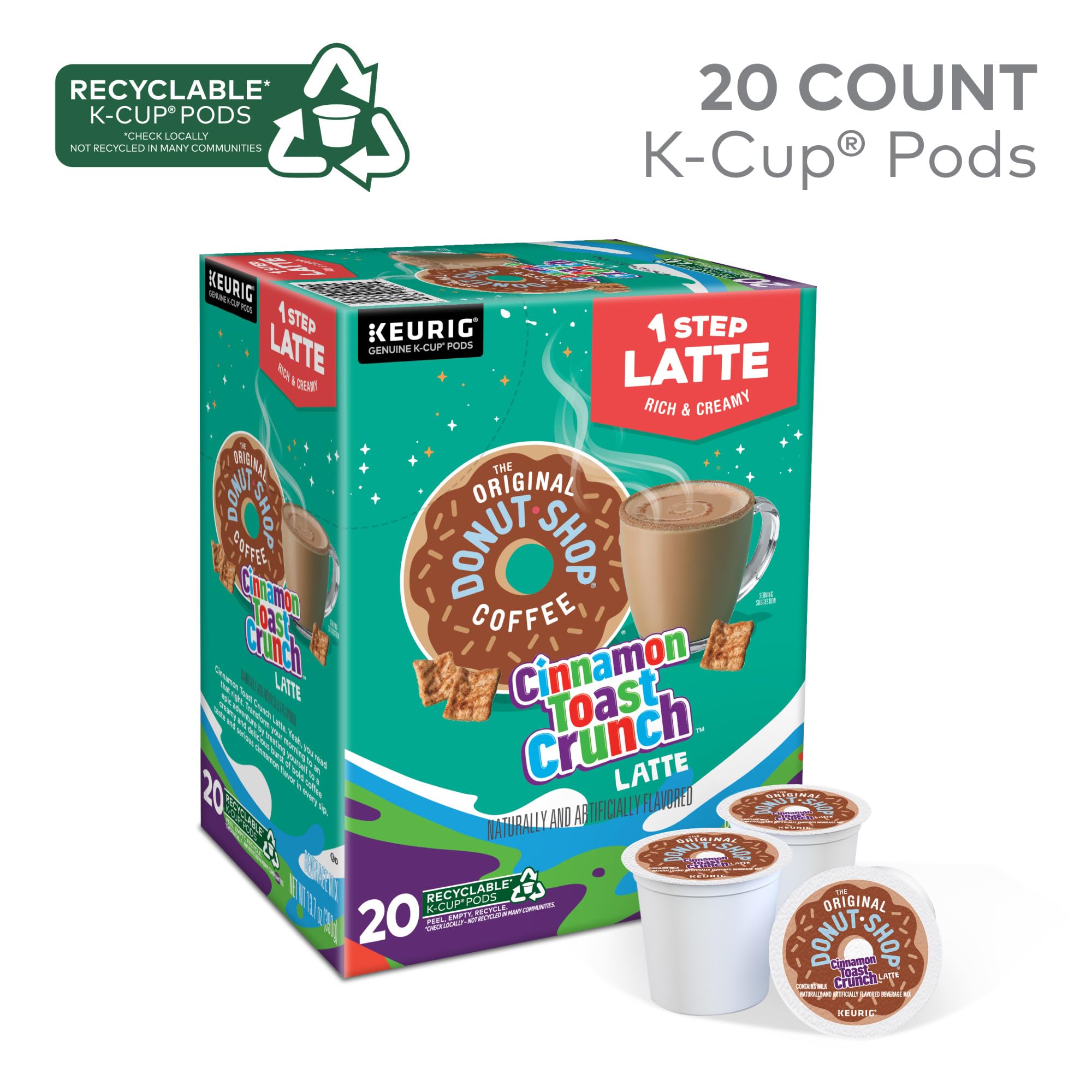 Box pack shot featuring Cinnamon Toast Crunch latte pods for quick mornings