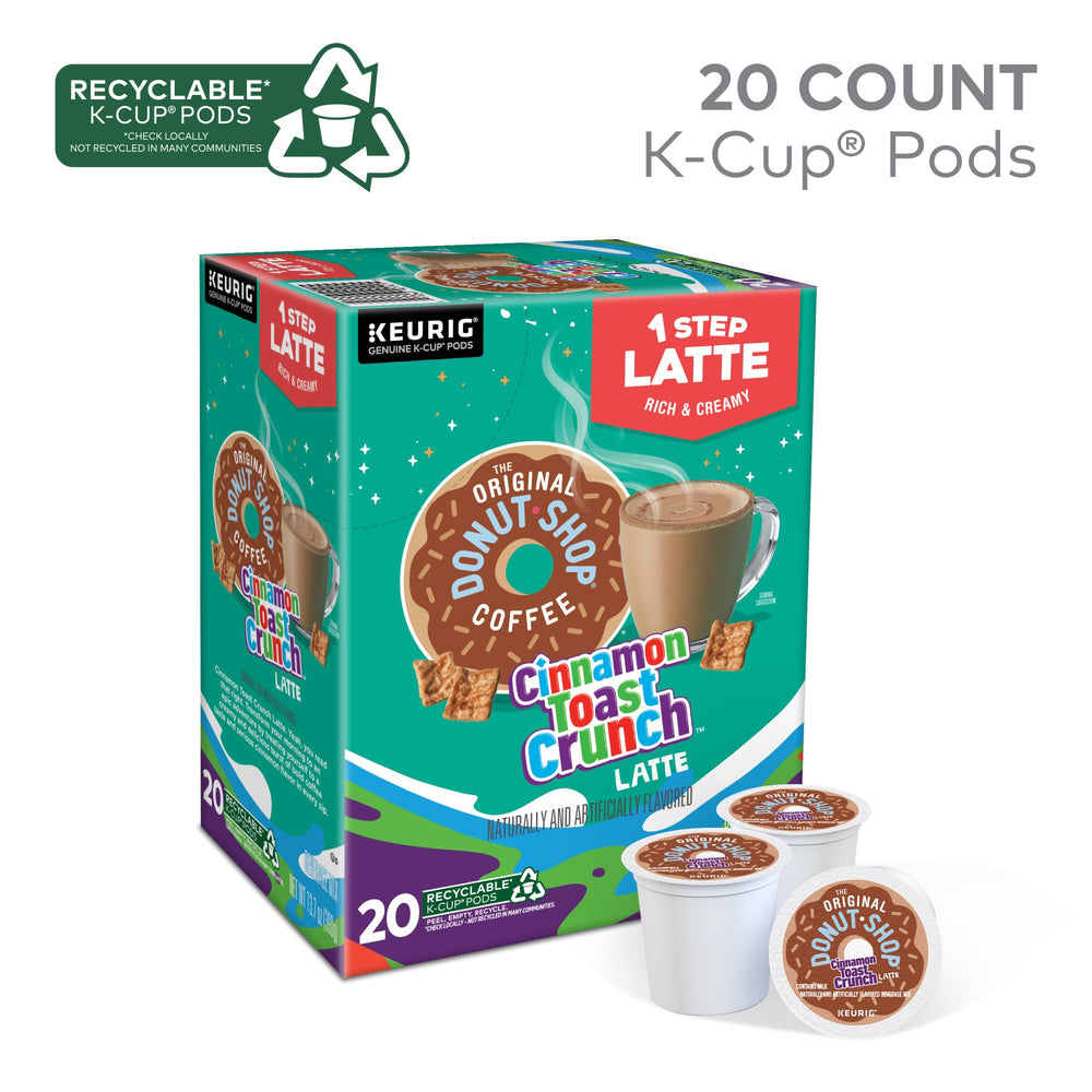 Box pack shot featuring Cinnamon Toast Crunch latte pods for quick mornings