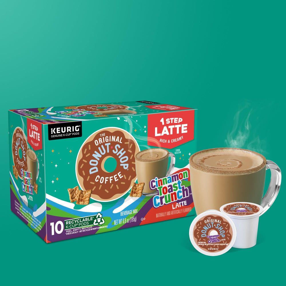 The Original Donut Shop Cinnamon Toast Crunch One Step Latte pods provide 10 oz or 8 oz options.