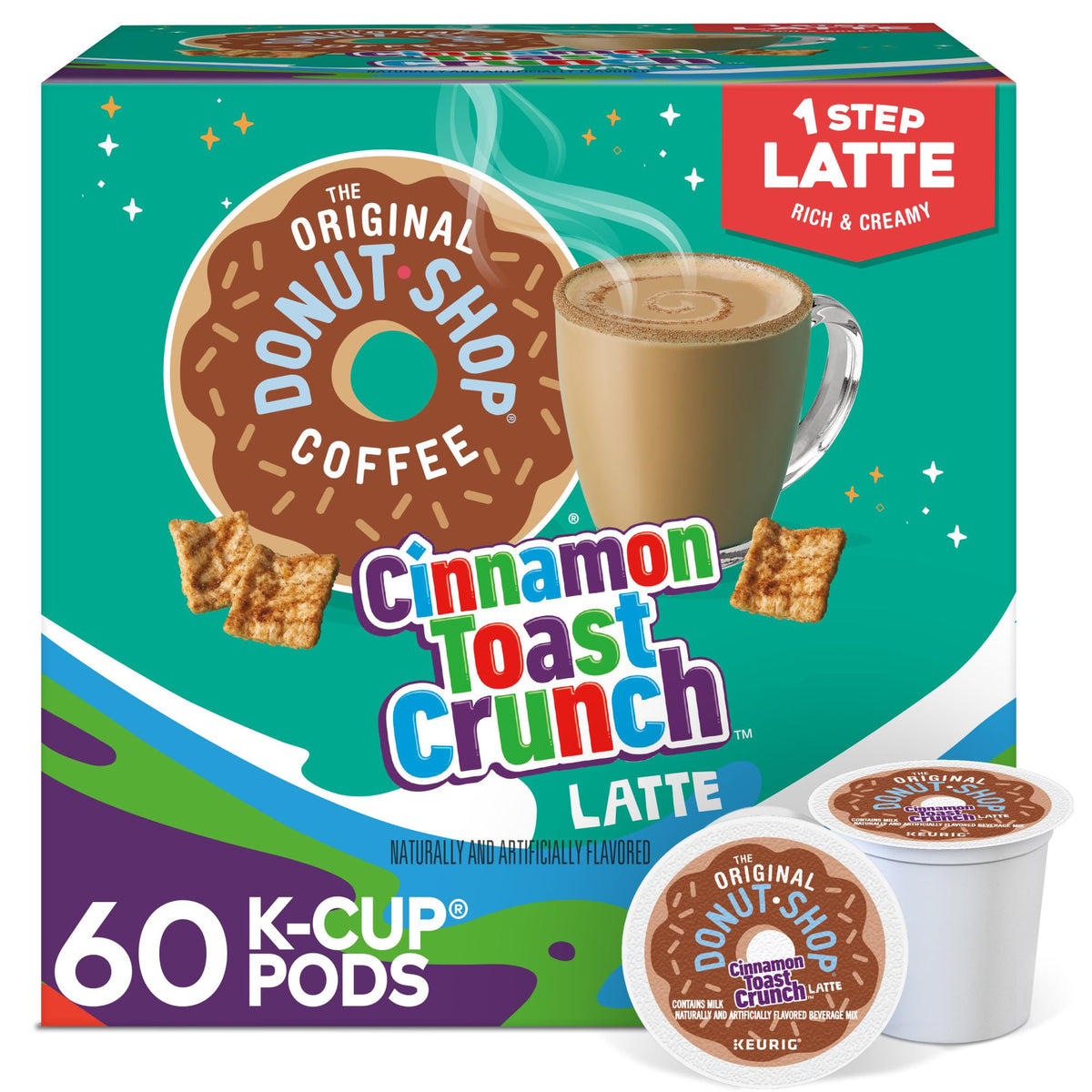 The Original Donut Shop Cinnamon Toast Crunch One Step Latte pods in a box for quick, flavorful mornings.