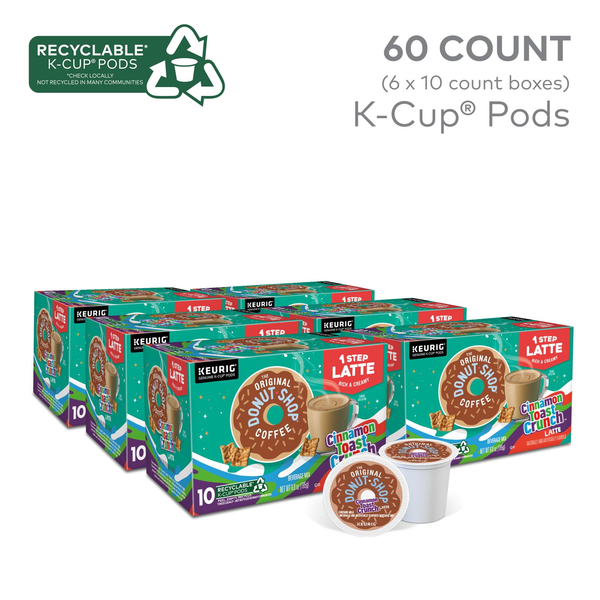 Boxed The Original Donut Shop Cinnamon Toast Crunch One Step Latte pods ready for fast, delicious brews.