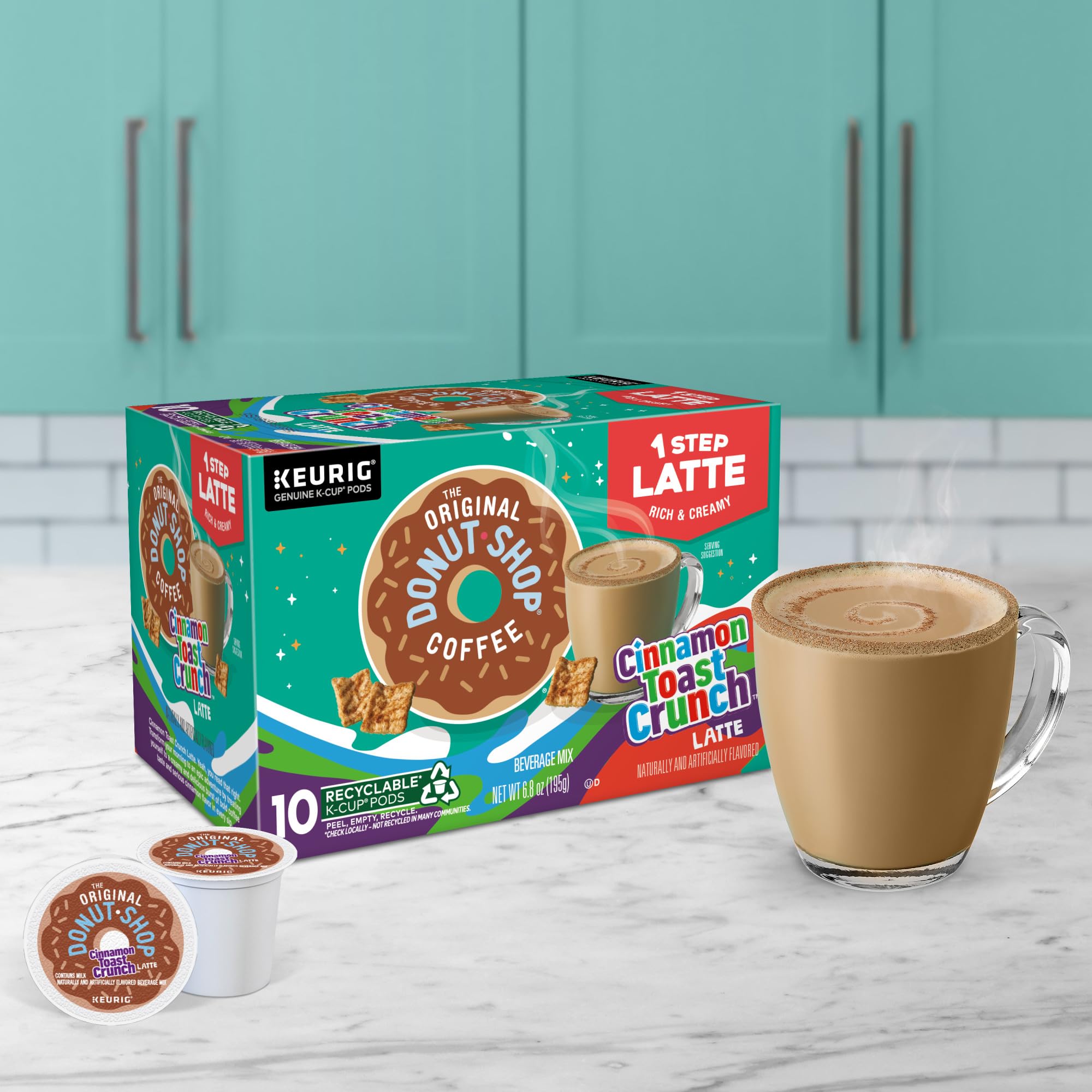 The Original Donut Shop Cinnamon Toast Crunch One Step Latte pods are compatible with Keurig machines.