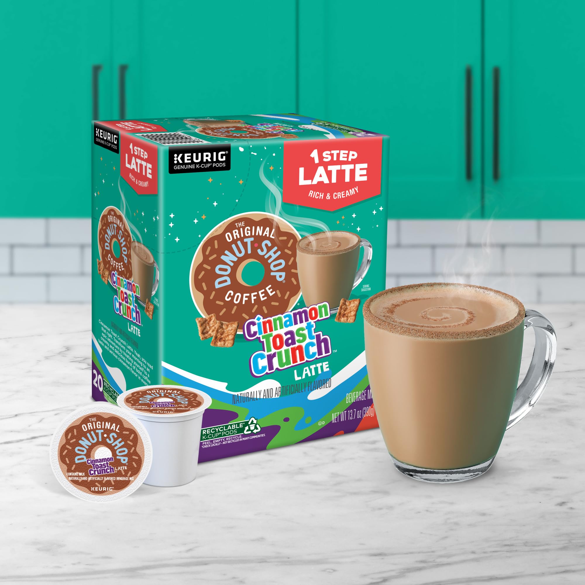 Recyclable pod icon with Cinnamon Toast Crunch latte packaging
