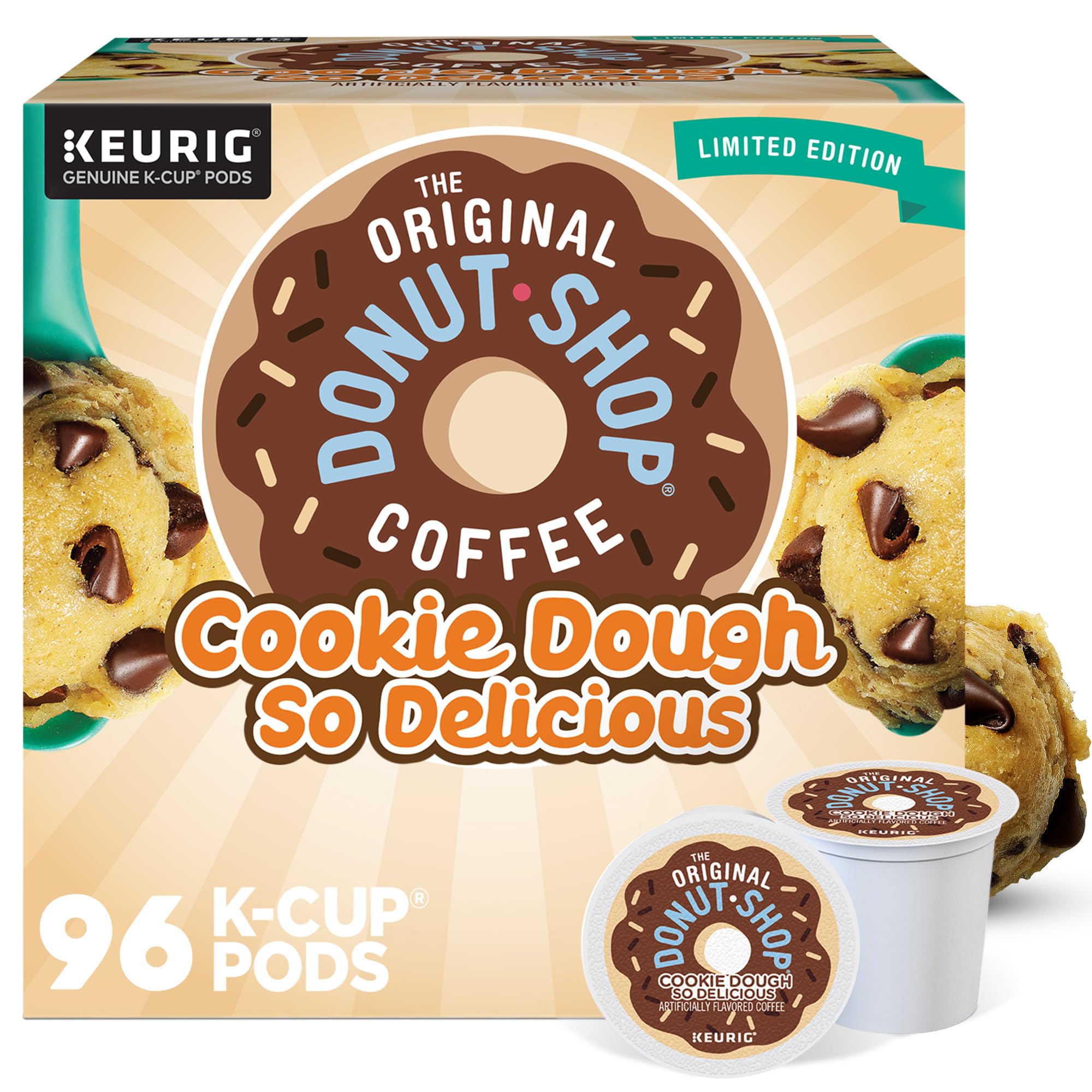 The Original Donut Shop Cookie Dough So Delicious pods on packaging for easy morning coffee.