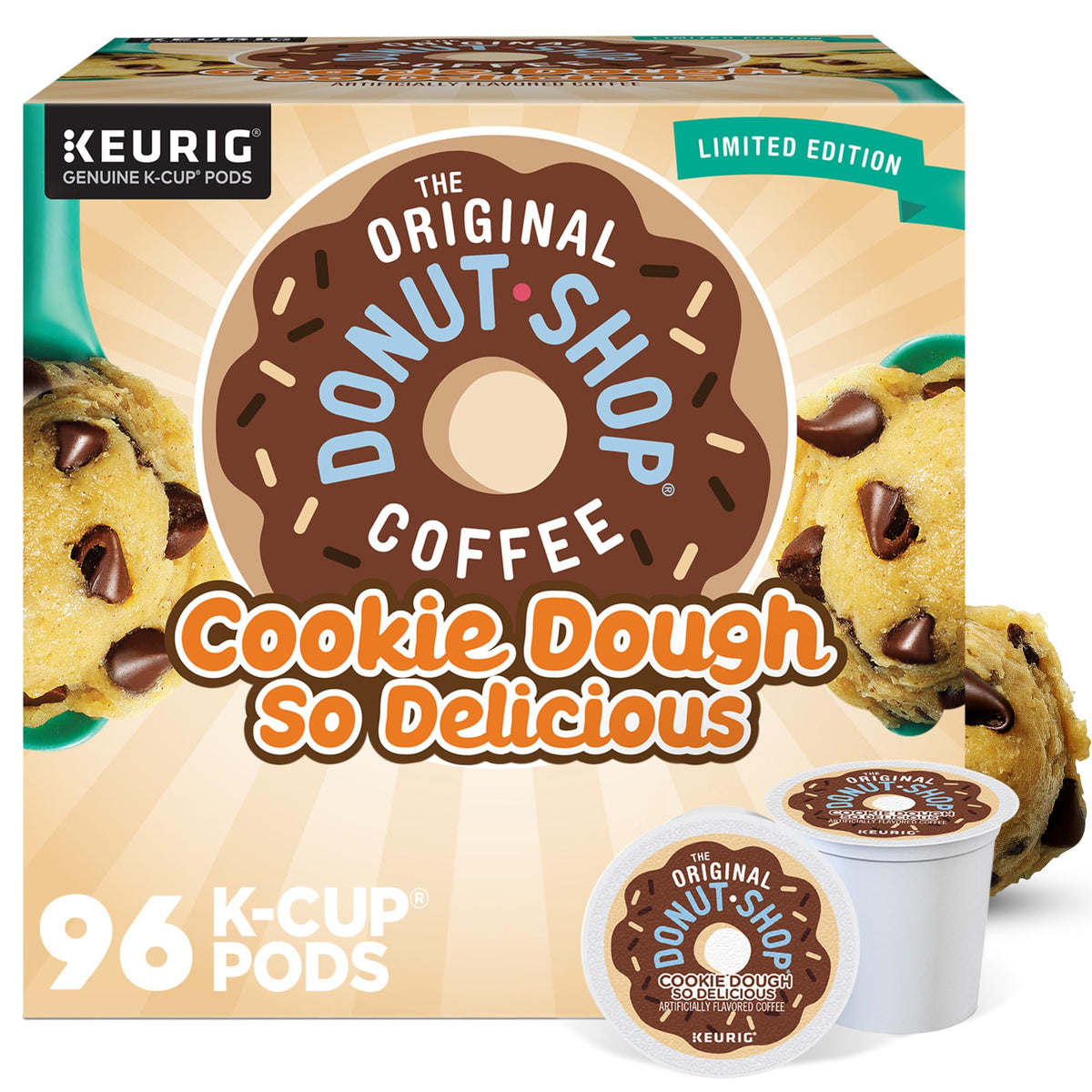 The Original Donut Shop Cookie Dough So Delicious pods on packaging for easy morning coffee.