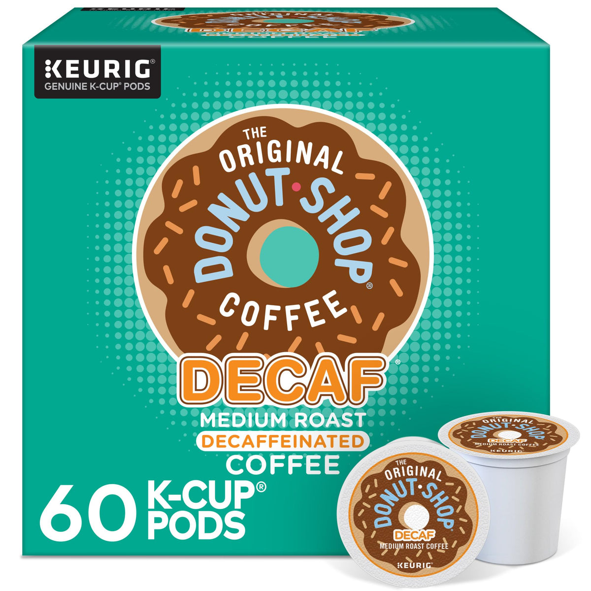 The Original Donut Shop Decaf K-Cup pods front label showing brand and inviting aroma
