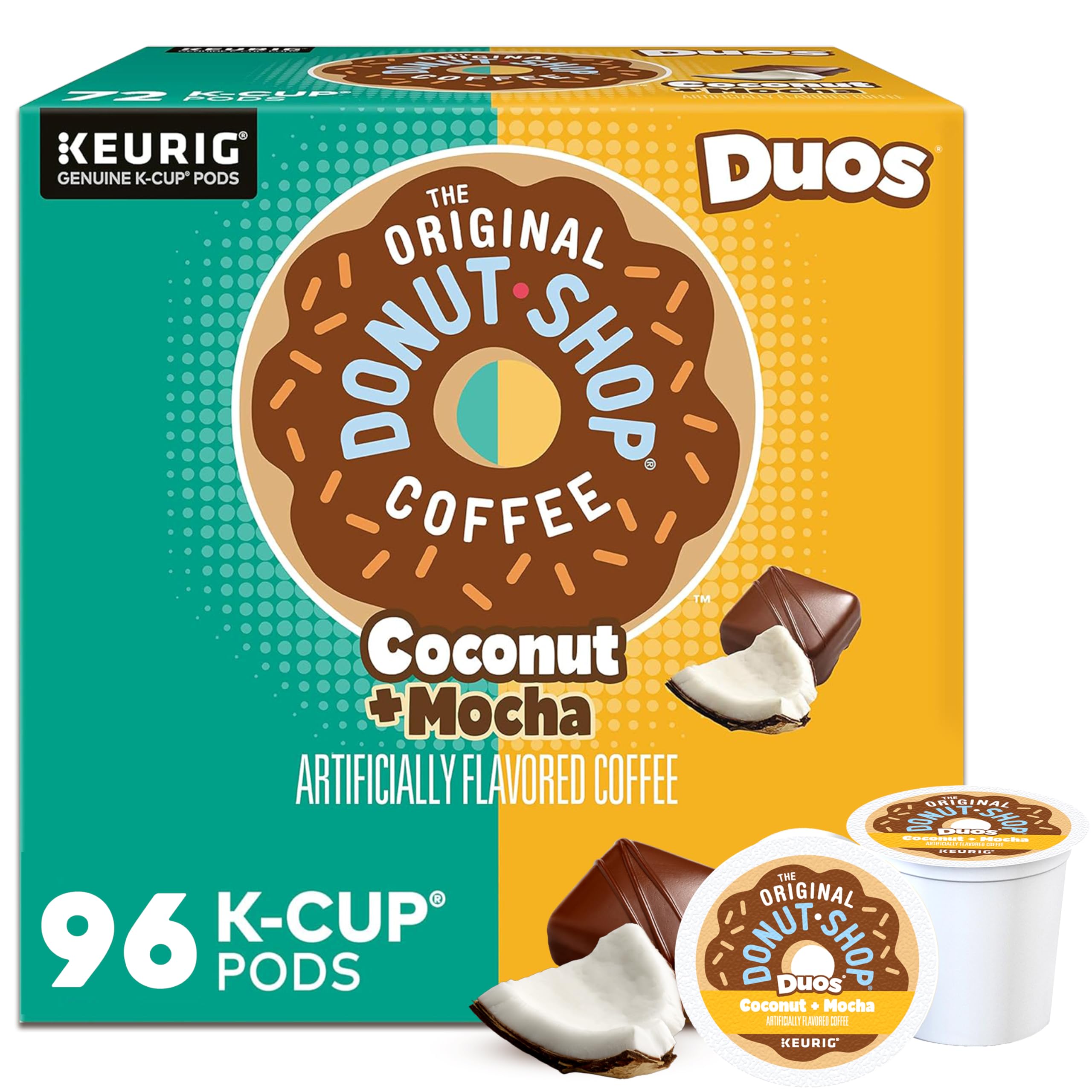 The Original Donut Shop Duos Coconut + Mocha pods pack is ready for convenient Keurig mornings.