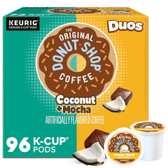 The Original Donut Shop Duos Coconut + Mocha pods pack is ready for convenient Keurig mornings.