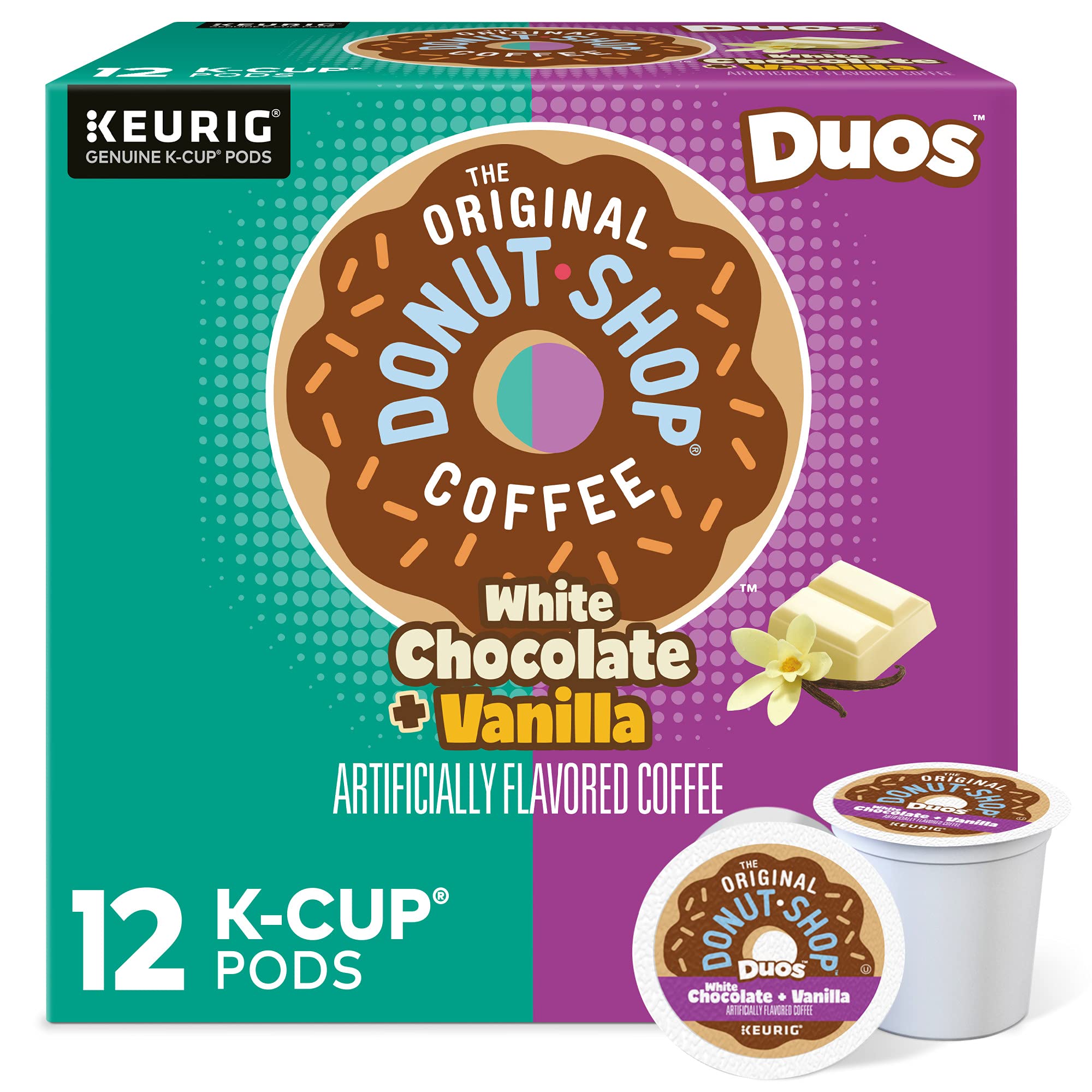 The Original Donut Shop Duos White Chocolate Vanilla pack shot for a comforting morning pick-me-up.