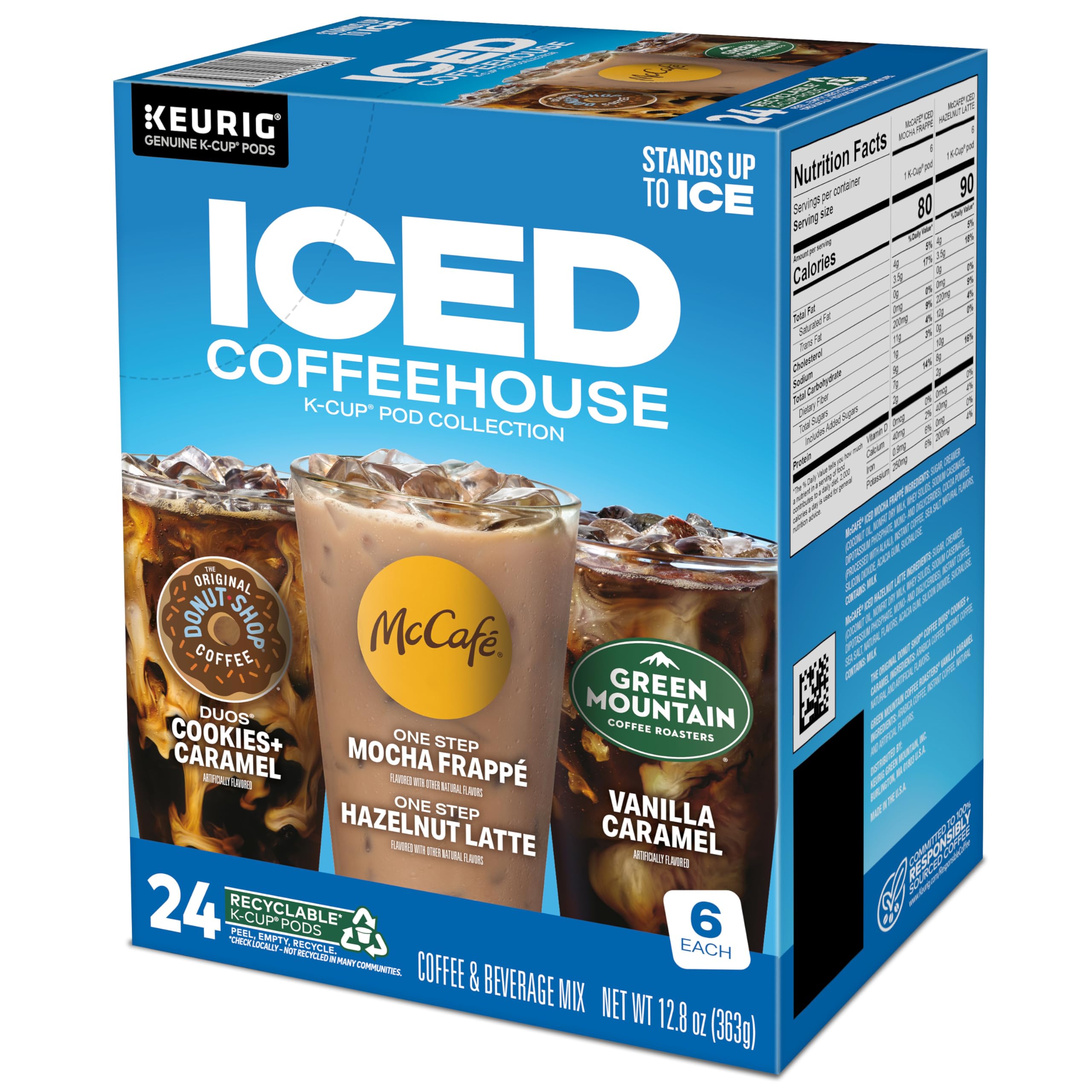 Iced coffee poured from The Original Donut Shop cookies and caramel into a glass